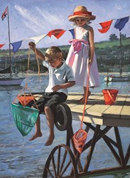 Fishing From the Jetty by Sherree Valentine Daines - Embellished Canvas on Board sized 20x27 inches. Available from Whitewall Galleries
